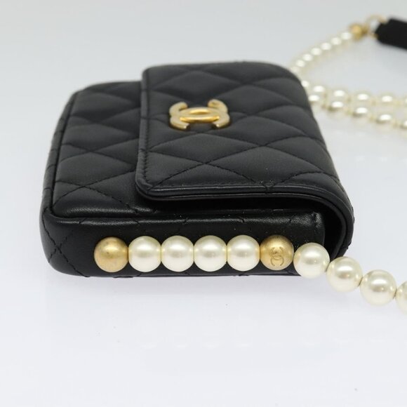 CHANEL Matelasse Pearl Shoulder Bag Lamb Skin Black Gold CC Auth - Picture 4 of 16